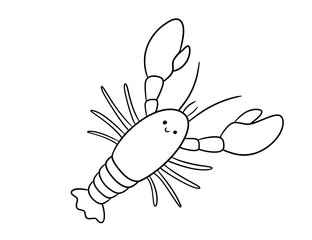 Cute lobster, line smiling sea animal doodle illustration for children. Vector nautical drawing for coloring page