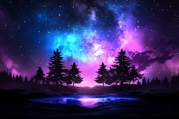 Fototapeta premium A night starry sky with bright stars and tree silhouettes on the horizon. High quality.
