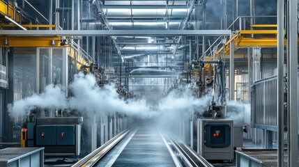 A garment finishing station with steaming and ironing equipment in a production facility