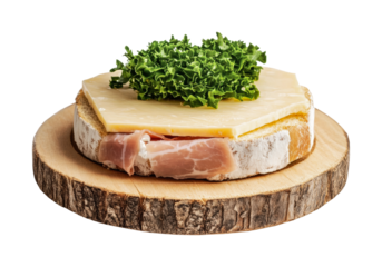 Rustic sandwich with kale, cheese, and ham on wooden platter, cut out