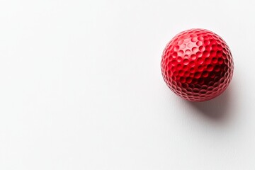 Single red dimpled golf ball on white background isolated as a sports equipment object representing precision focus and professional golfing