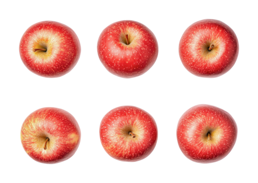 Six red apples with speckled skin on black background in grid arrangement, cut out