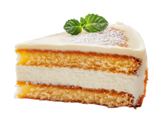 Delicious slice of creamy layered cake with mint garnish on black background, cut out