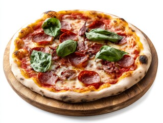 Hot and crispy pepperoni pizza with melted cheese served on a wooden tray showcasing fast food indulgence and Americanized Italian cuisine culture