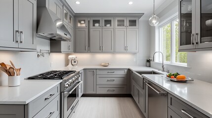 Fototapeta premium Modern Gray Kitchen with Stainless Steel Appliances and Quartz Countertops