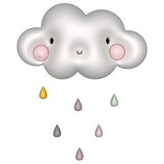 Smiling cartoon cloud with blush and colorful drops. 3D rendering of illustration.