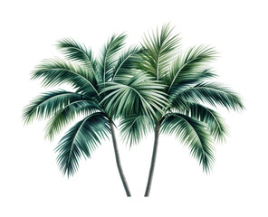 Two lush green palm trees with spiky leaves on black background, cut out