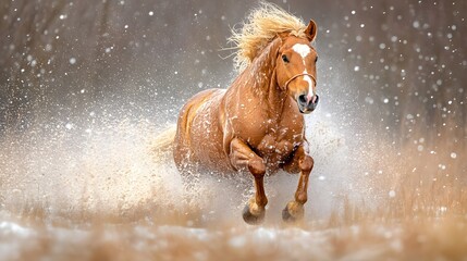 Obraz premium Majestic Chestnut Horse Galloping Through Snowy Winter Landscape