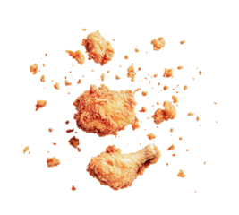 Crispy fried chicken leg and thigh with golden breadcrumbs against black background, cut out