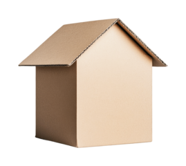 Cardboard box shaped like a house isolated on white background, cut out