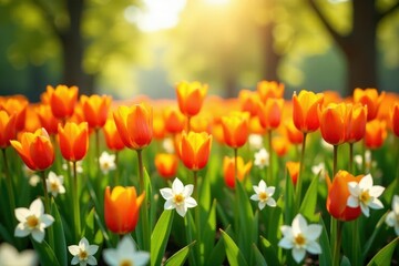 Fototapeta premium Sunlit field of orange tulips and white narcissus, art, vibrant