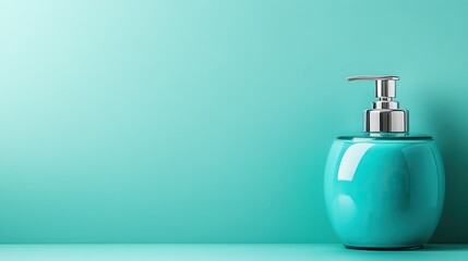 A sleek blue pump bottle sits on a vivid teal background, showcasing modern design and functionality, perfect for any contemporary bathroom or personal care product.
