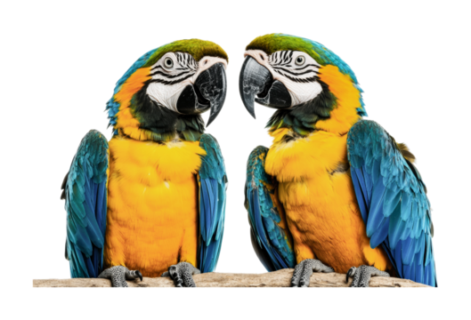 Two vibrant blue-and-yellow macaws perched together facing each other, cut out