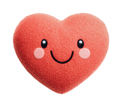 Smiling heart-shaped plush toy with cute face on black background, cut out