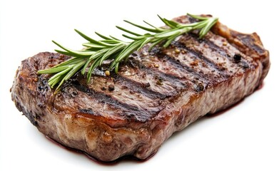 Grilled Steak Garnished with Rosemary Sprig on White for Menu Design