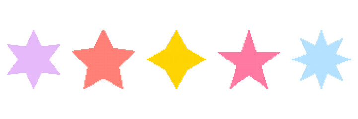 Colorful Star Pixelated Icon Set. Pixel Art Symbol Collection Of Vibrant Stars In Various Shapes And Colors. Isolated Vector Illustration
