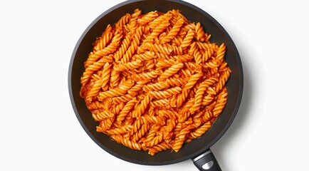 Pan of fusilli pasta with tomato sauce on white background, top view.