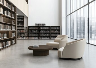 Modern library lounge with armchairs and coffee table.