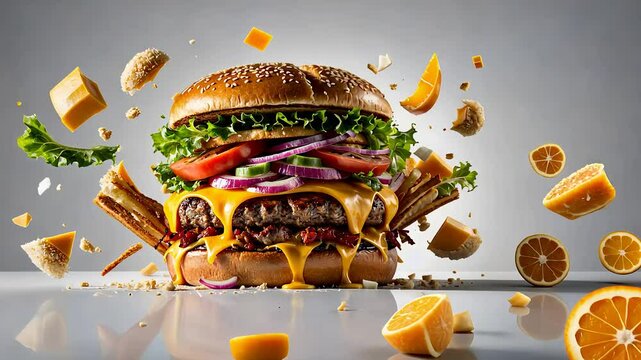 Gourmet Cheeseburger with Melting Cheese, Fresh Vegetables, and Crispy Fries Exploding in Mid-Air with Orange Slices

