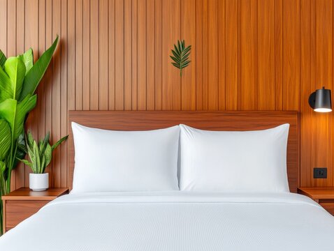 Modern interior bedroom with wooden panel accent and neatly arranged white bed linens showcasing minimalist contemporary home design