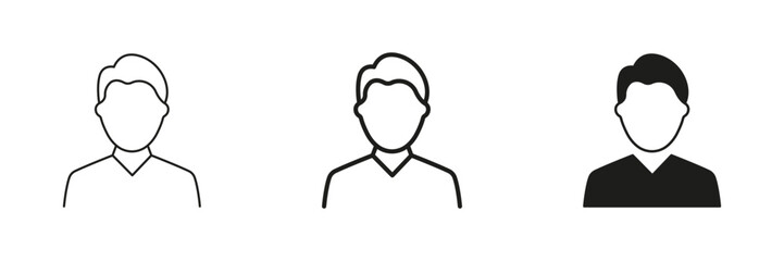 Man Line and Silhouette Icon Set. Basic Male Avatar Icon with Short Hair and Collar. Editable Stroke. Isolated Vector Illustration