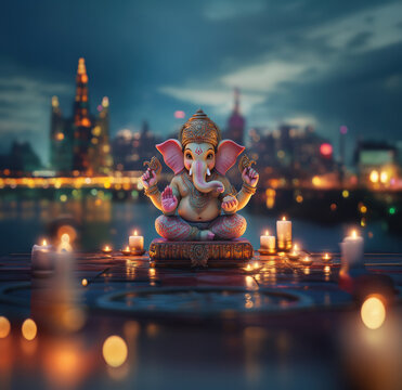 adorable Ganesha, sitting on his podium with a blurred cityscape in background.