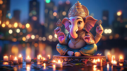 adorable Ganesha, sitting on his podium with a blurred cityscape in background.