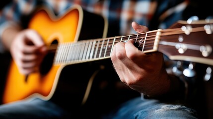 A close-up image of hands skillfully playing the strings of an acoustic guitar, capturing the intricate details and passion involved in creating beautiful music.
