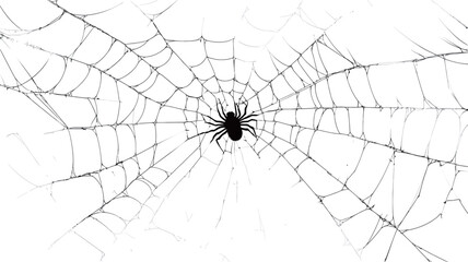 Obraz premium High-angle, close-up shot of a black spider situated in the center of its web against a stark white background. The web is intricately detailed, showing a complex network of thin, radiating lines.