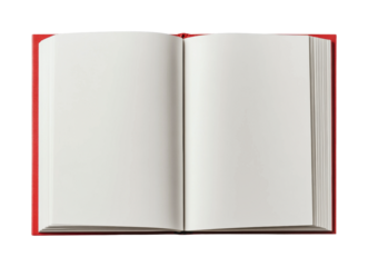 Open blank book with red cover lying flat on a white background, cut out
