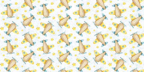 Toy children airplane with propeller and stars. Kids watercolor seamless surface pattern design on blue background. Print of aircraft for baby goods design, textile, baby shower, wallpaper, bed linen