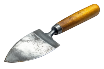 A Weathered Garden Trowel, A Testament To Countless Hours Spent Nurturing Life From The Earth, Its Worn Wooden Handle And Aged Metal Blade Whispering Stories Of Seasons Past Against A Stark White Back