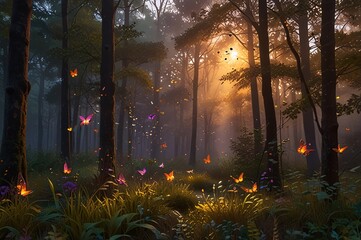 Obraz premium Enchanted Autumn Forest with Glowing Fireflies and Butterflies V7