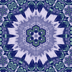 Symmetrical kaleidoscopic pattern. Hexagonal central motif. Blue, white, and green tones. Intricate details. Geometric shapes. Radial symmetry. Modern style. Decorative design
