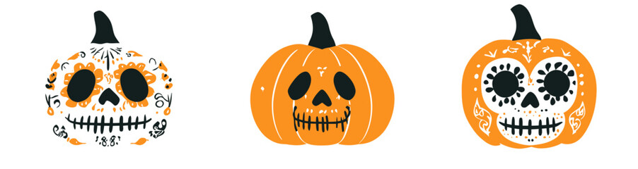 Fototapeta premium Dia de los Muertos Sugar Skull Pumpkins Halloween Vector Art