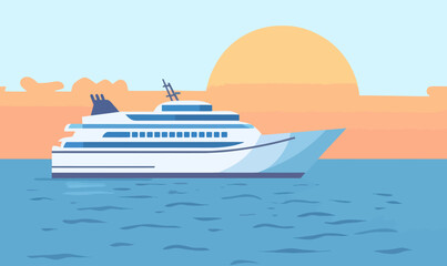Minimalist Vector Cruise Ship at Sea with Sunset Background for Travel Themes