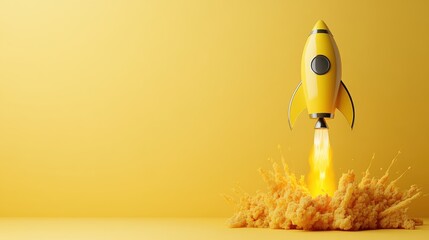 A bright yellow rocket taking off against a sunny yellow backdrop, surrounded by puffs of orange smoke, symbolizing innovation, exploration, and adventure in space travel.