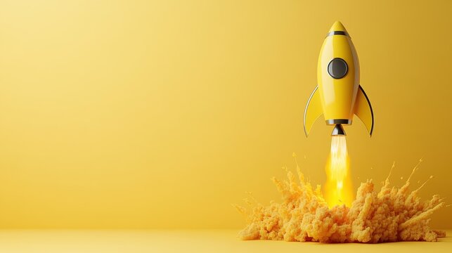A bright yellow rocket taking off against a sunny yellow backdrop, surrounded by puffs of orange smoke, symbolizing innovation, exploration, and adventure in space travel.
