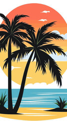 Tropical Palm Trees Beach Sunset Illustration for Summer Vacation Design
