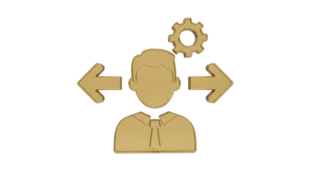 Isolated 3D Business Person with Arrows and Gear, Representing Decision Making and Skills