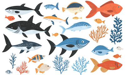 Colorful Sea Fish Cartoon Vector Set with Coral and Ocean Creatures for Minimalist Design