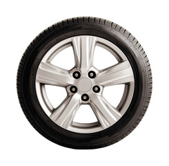 Fototapeta premium Silver alloy car wheel with black rubber tire on white background, cut out