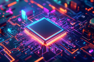 "High-Tech Chip and Circuit Board with Glowing Neon Lights Illuminating Dark Space"