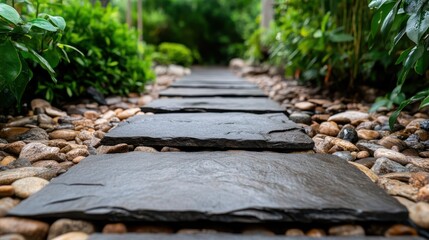 A serene garden pathway made of flat stones and surrounded by lush foliage, creating a peaceful atmosphere for relaxation and contemplation in nature.