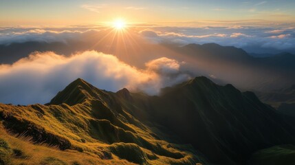 Obraz premium A majestic mountain range under a golden sunset sky, with soft clouds drifting above the peaks