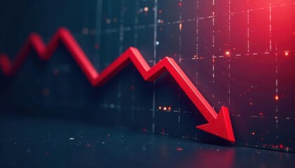 Sharp downward sloping line graph, red arrow pointing down, analytics, plunge