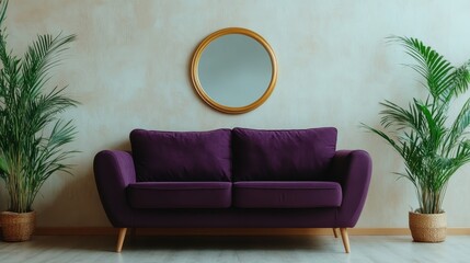 A modern purple couch is complemented by a round golden mirror, surrounded by lush green plants, creating an inviting and stylish living space aesthetic.