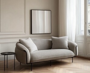 Fototapeta premium Modern light grey sofa with black legs in bright living room.