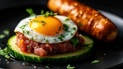 This gourmet dish features a vibrant fried egg atop a bed of fresh tuna tartare, elegantly served on a cucumber slice with herbs and a delicious sausage on the side.