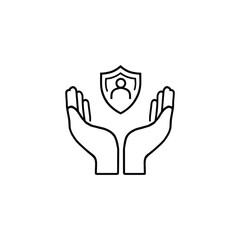 hands holding a shield with a person, Open Hands with Shield Icon: Minimalist Black-and-White Design Representing Protection and Care